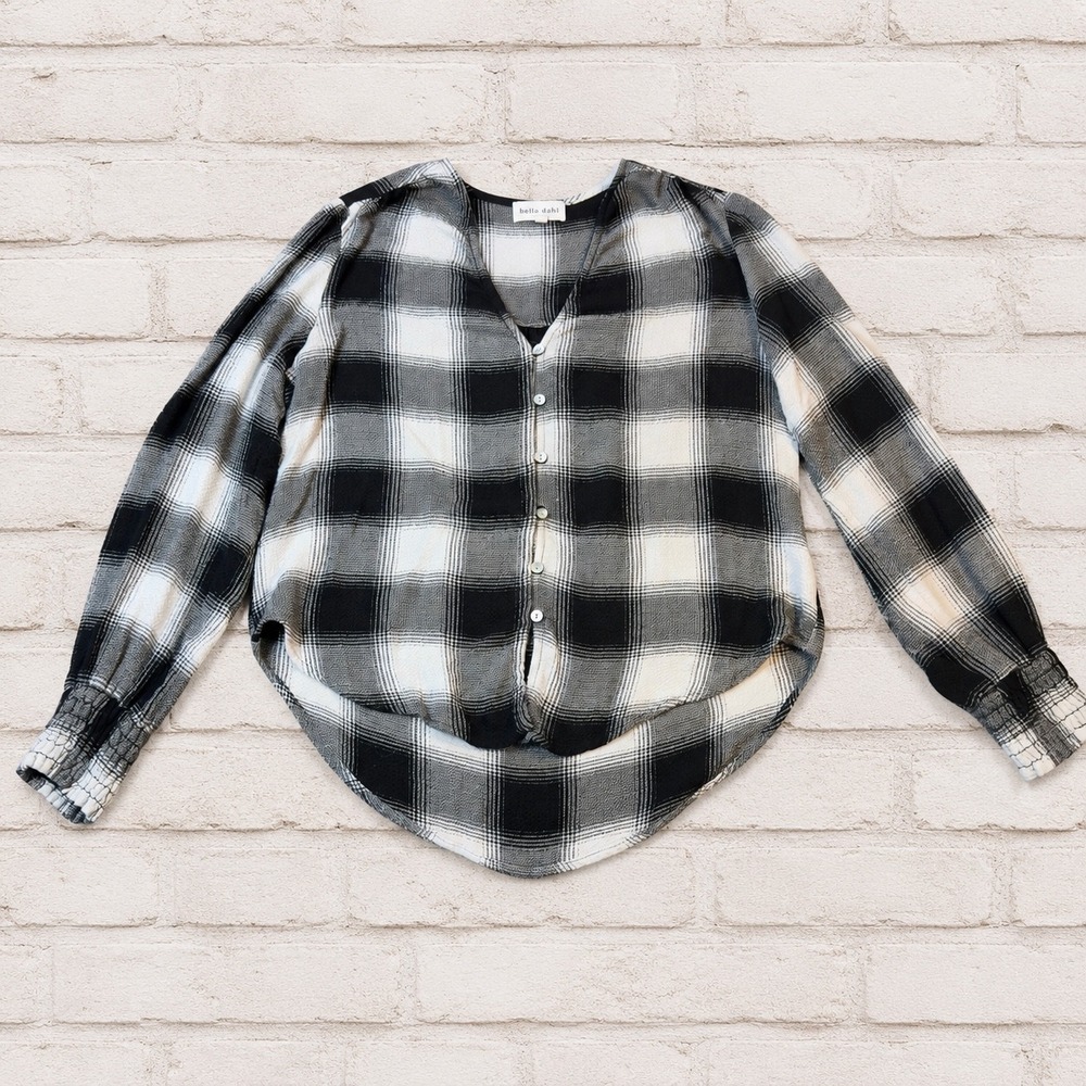 Bella Dahl Womens Black White Buffalo Plaid Smocked Cuff Shirt Small Soft Girl